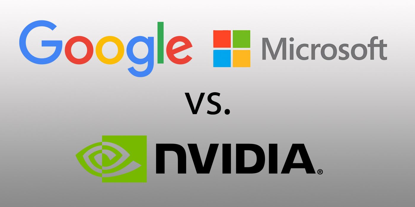 Logos do Google e da Microsoft versus logo da NVIDIA, com "vs." entre eles em fundo cinza