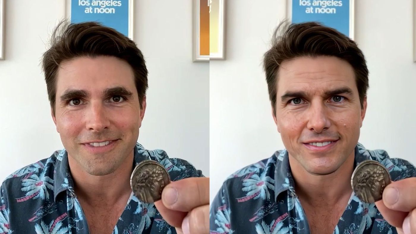 Dois painéis lado a lado de um homem de camisa estampada segurando uma moeda, com o cenário de parede branca e placa "los angeles at noon