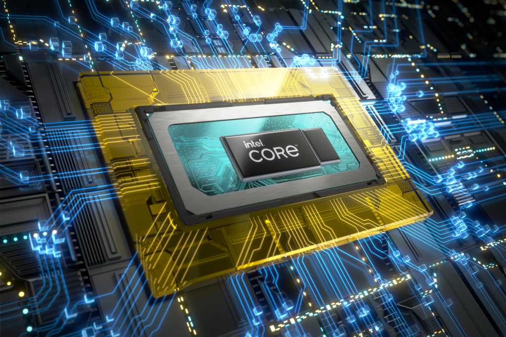 Processador Intel Core em render 3D com circuitos azuis e amarelos, sobre uma placa-mãe futurista