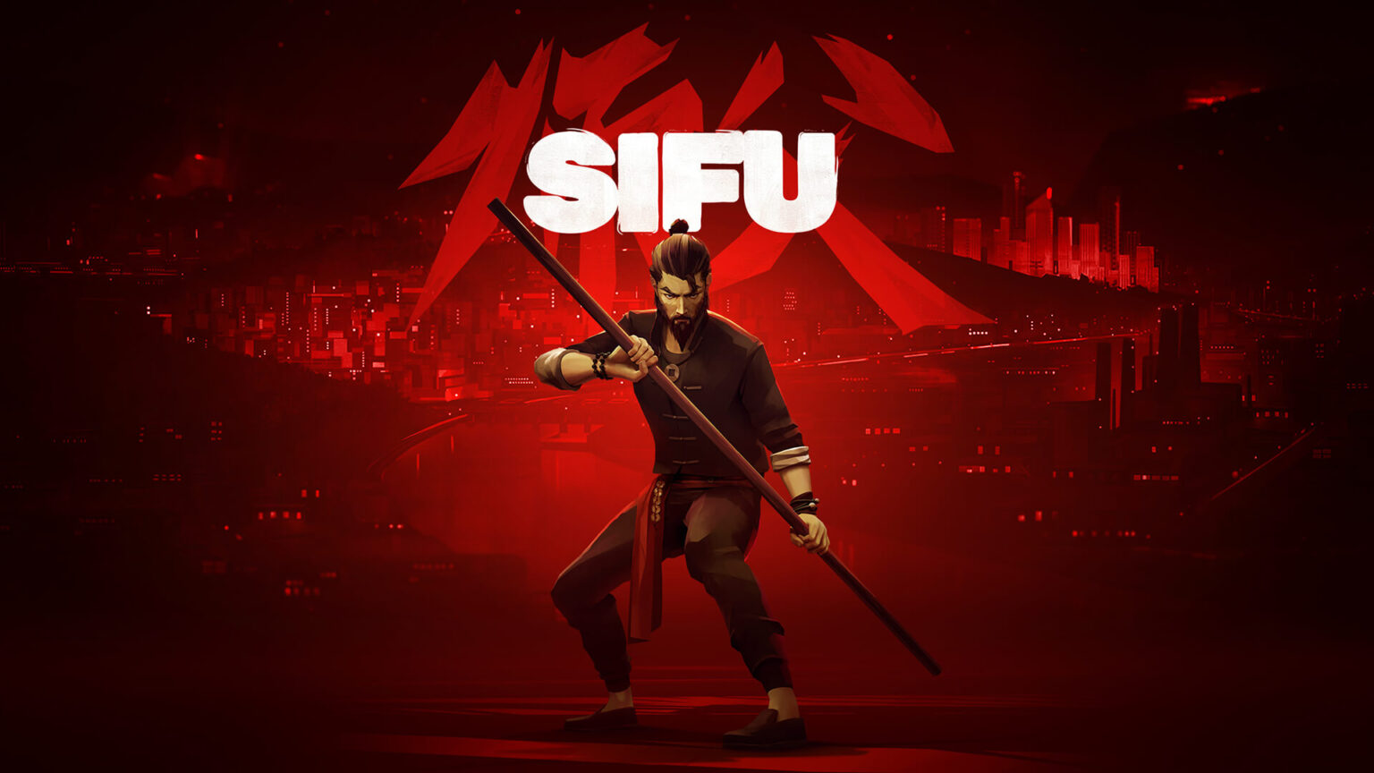 Arte promocional do jogo Sifu com logo branco, personagem de kung fu empunhando um bastão sobre fundo vermelho com skyline de cidade