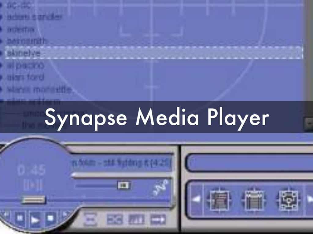 Tela do Synapse Media Player, com lista de artistas, controles de reprodução e o título do programa em destaque sobre a interface azul