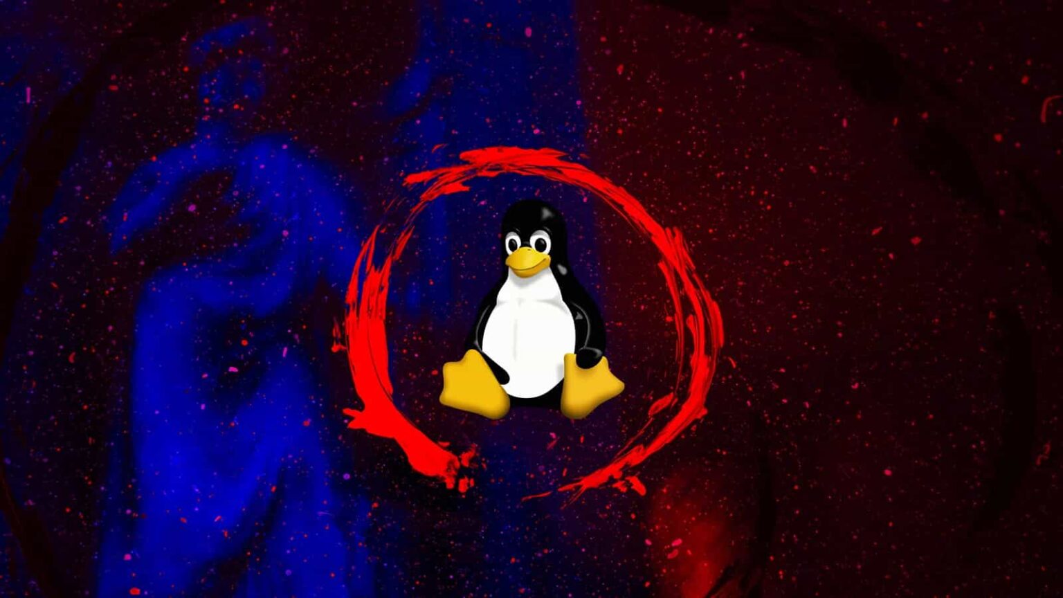 Logo do pinguim Tux, mascote do Linux, dentro de um círculo vermelho sobre fundo escuro com tons de azul e vermelho