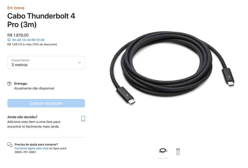 Apple cobra R$ 1,8 mil por um cabo Thunderbolt 4 Pro 2 Apple
