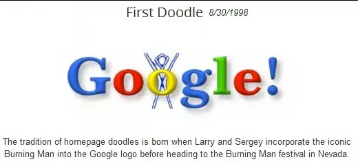 Primeiro doodle do Google de 1998, logo colorido com a figura do Burning Man substituindo o segundo "o", com legenda explicativa abaixo