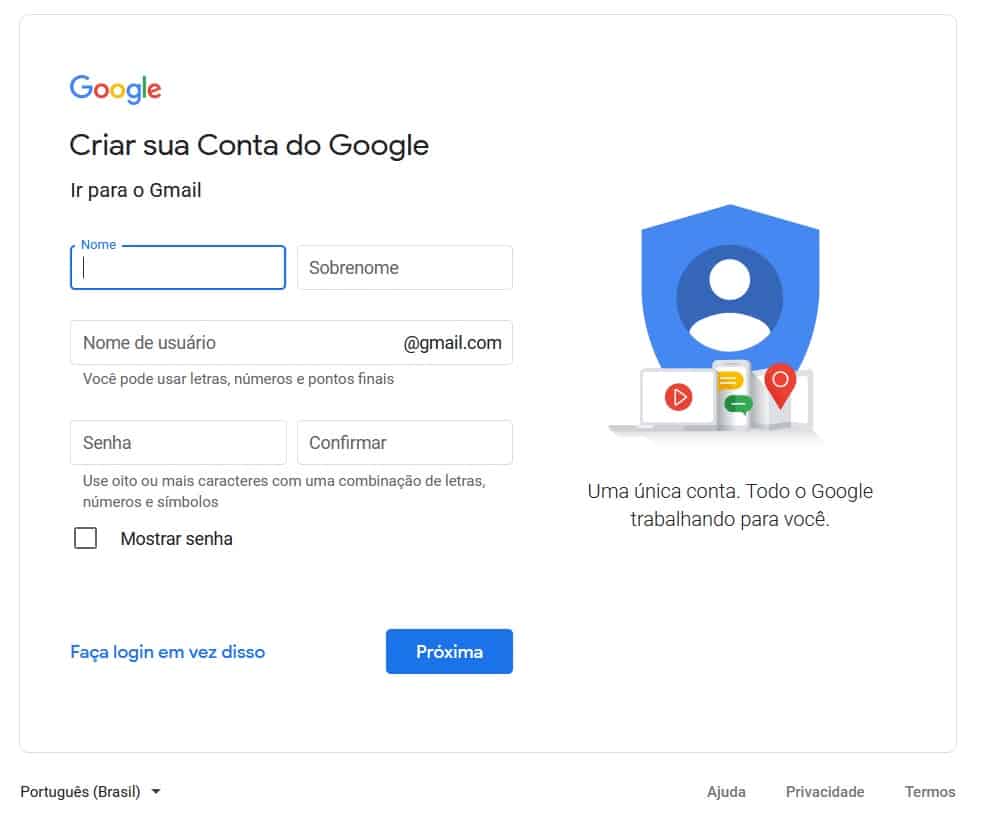como criar conta no Gmail