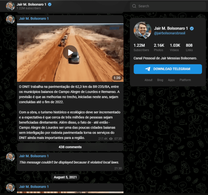 Telegram começa a deletar posts do canal oficial de Bolsonaro para continuar no Brasil 1 Canal oficial do Bolsonaro no Telegram