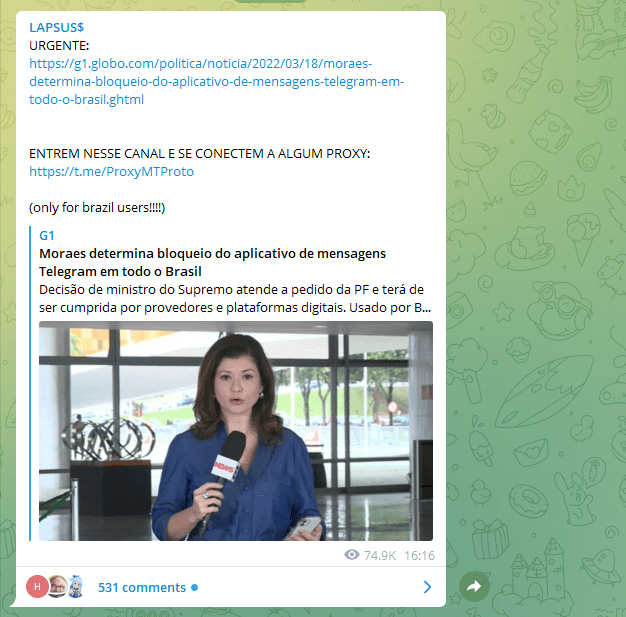 Print de mensagem no Telegram com link de notícia do G1 sobre bloqueio do Telegram, com repórter de jornalismo ao vivo segurando microfone em frente a prédio
