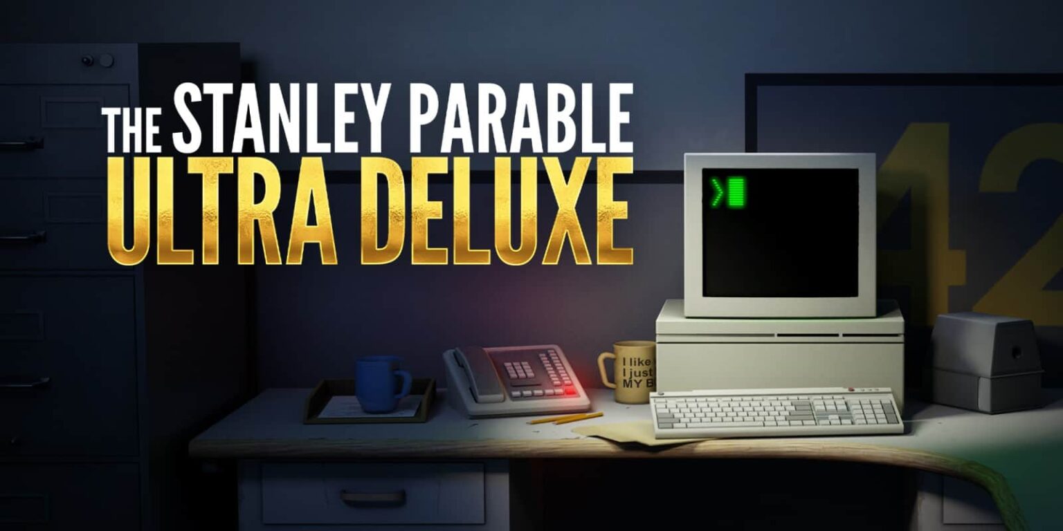 Arte de capa de The Stanley Parable Ultra Deluxe: título dourado sobre escritório escuro com monitor de computador antigo exibindo cursor verde, telefone e tec…