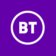 Logotipo da BT, em letras brancas dentro de um círculo branco sobre fundo roxo