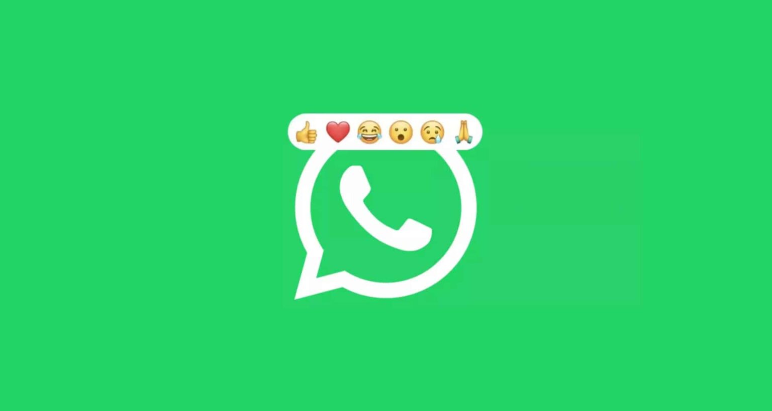 Logo do WhatsApp em branco sobre fundo verde com barra de reações contendo emojis de polegar, coração, risada, surpresa, tristeza e mãos juntas