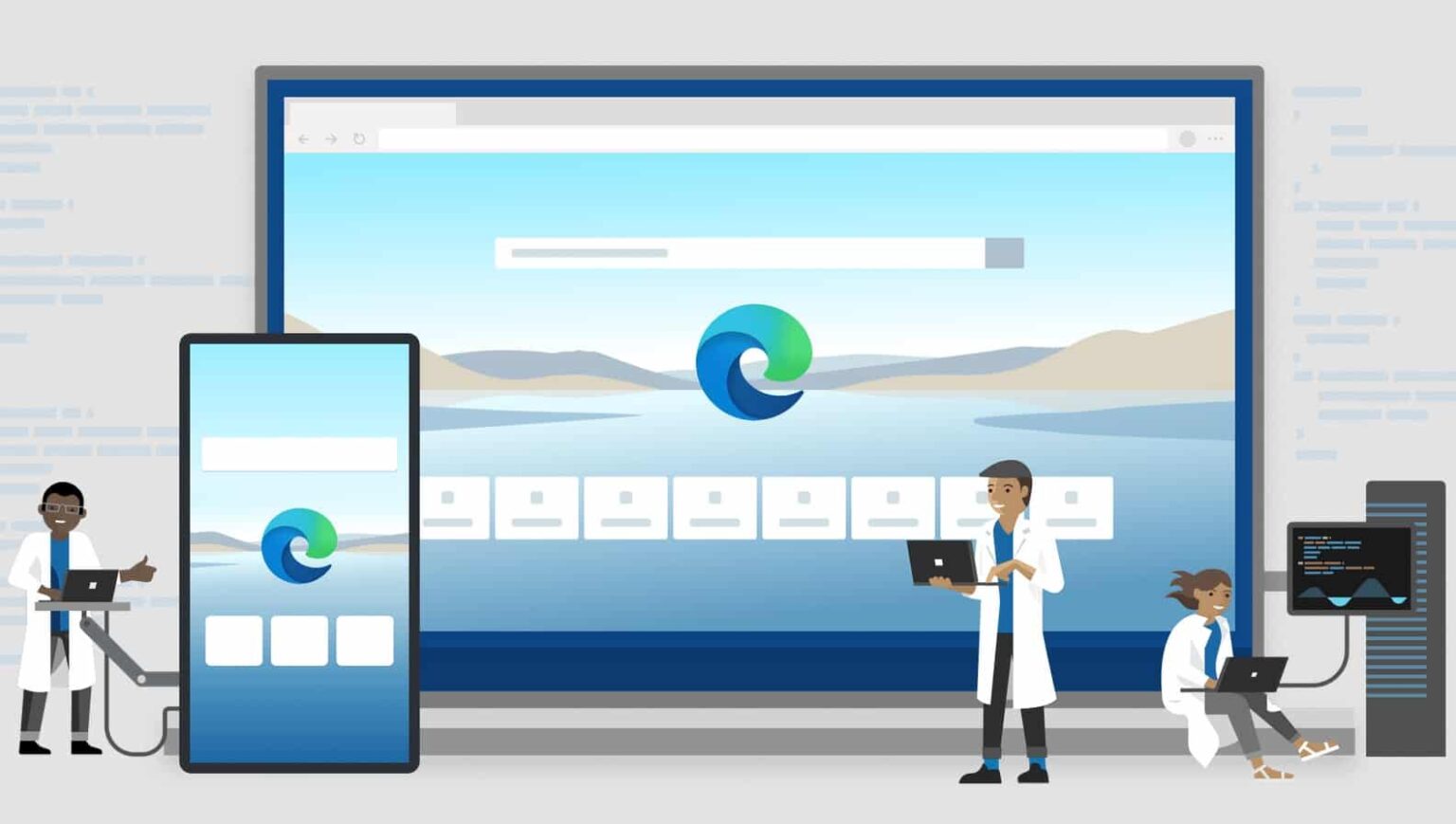 Ilustração do navegador Microsoft Edge em monitor, tablet e celular, com cientistas trabalhando ao redor do logo do Edge