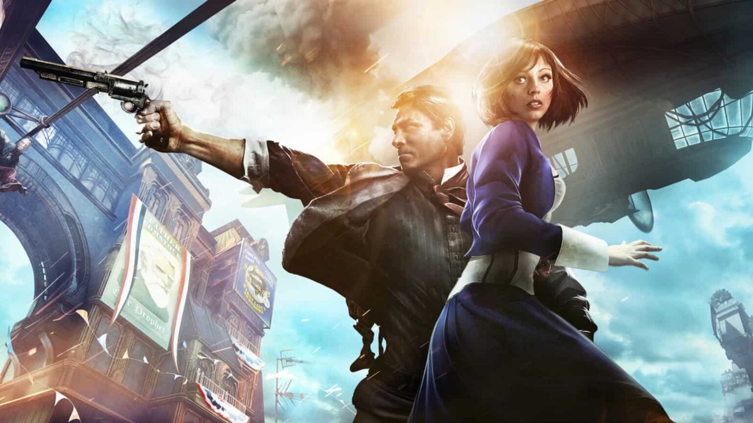 Arte promocional de BioShock Infinite com um homem apontando uma pistola para o céu e uma mulher de vestido azul ao lado, zeppelins e prédios ao fundo