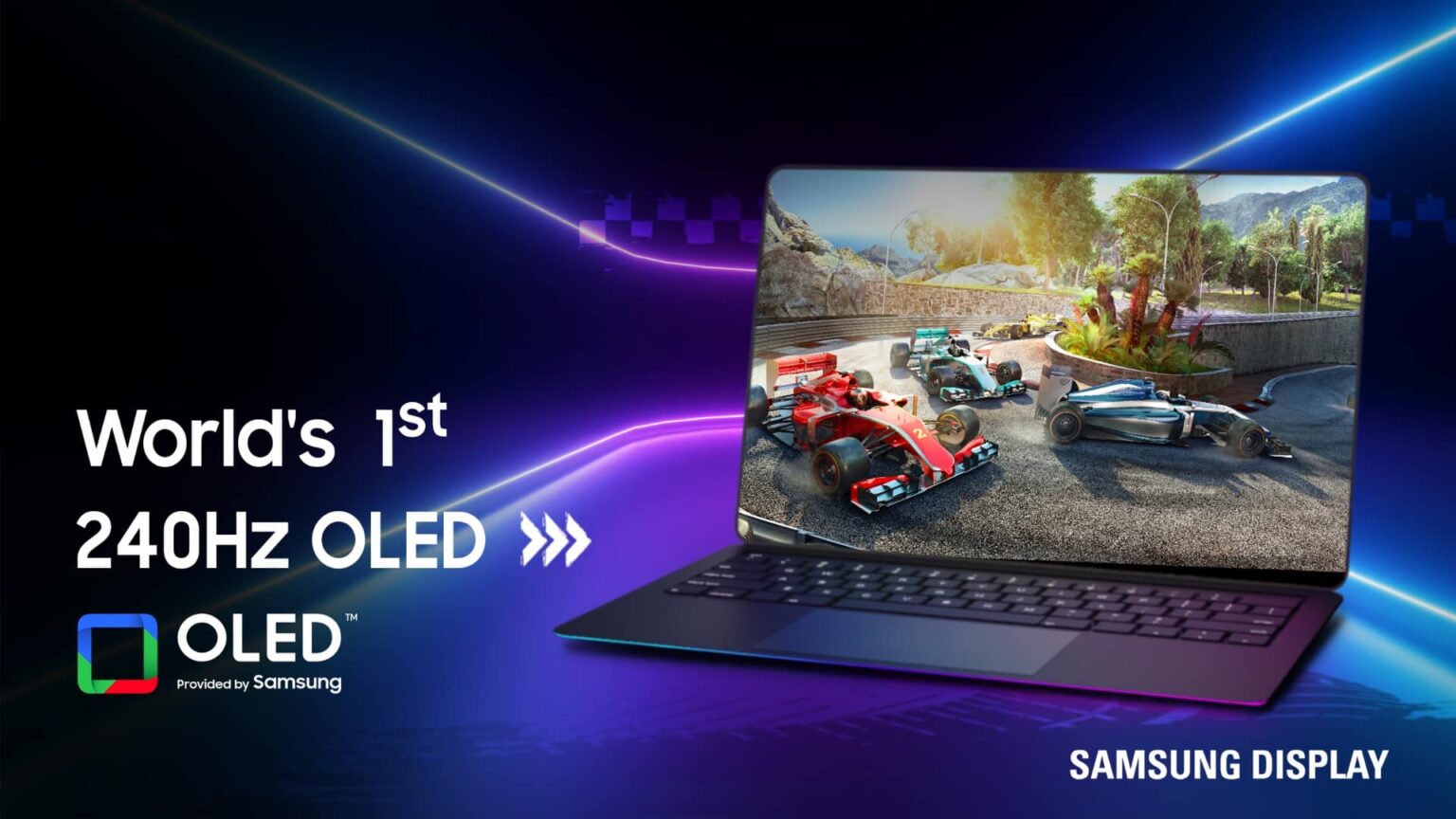 Notebook com tela OLED exibindo corrida de Fórmula 1 em jogo, com texto "World's 1st 240Hz OLED" e logo OLED provided by Samsung Display
