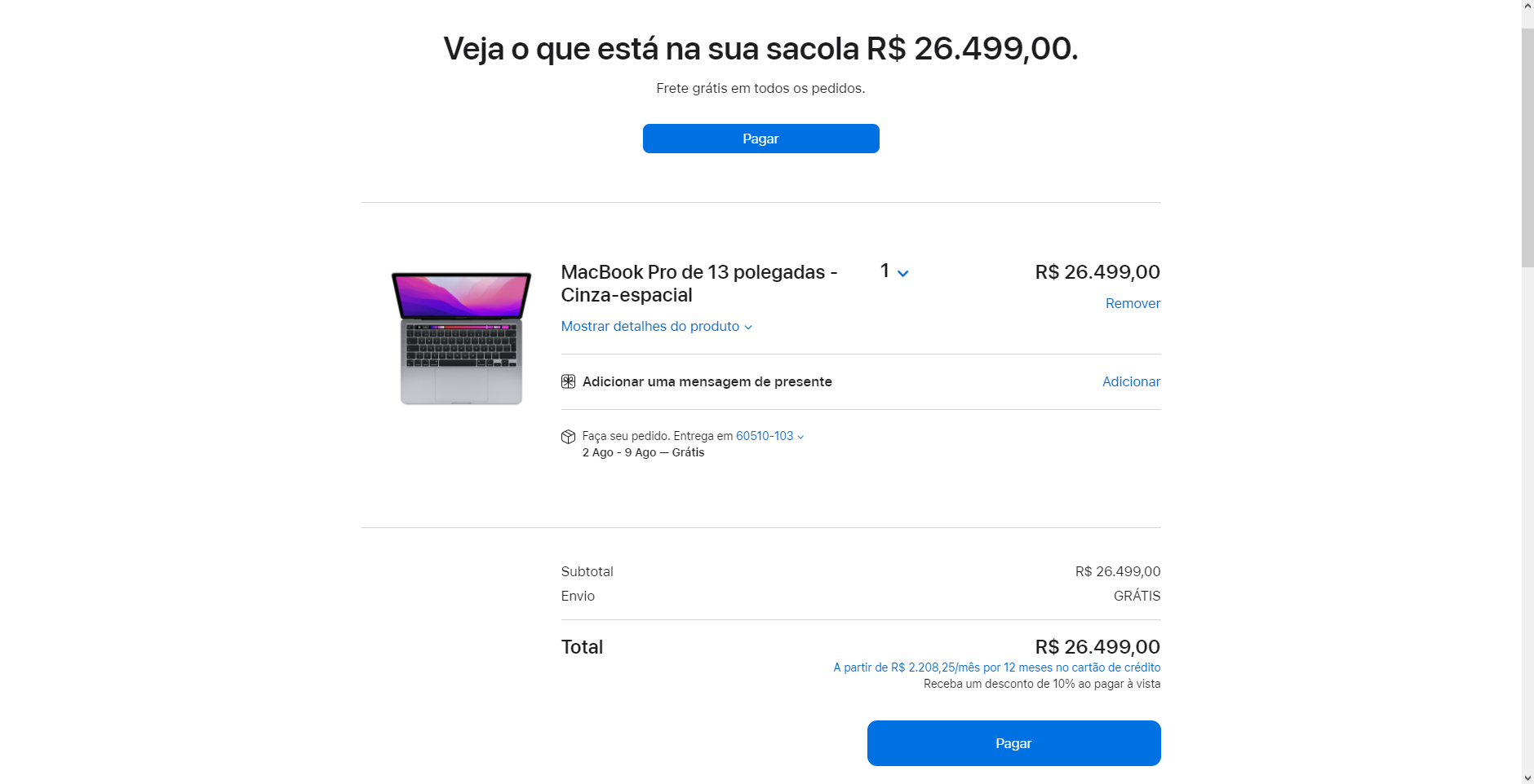Captura de carrinho de compras da Apple mostrando um MacBook Pro de 13 polegadas cinza-espacial no valor de R$ 26.499,00