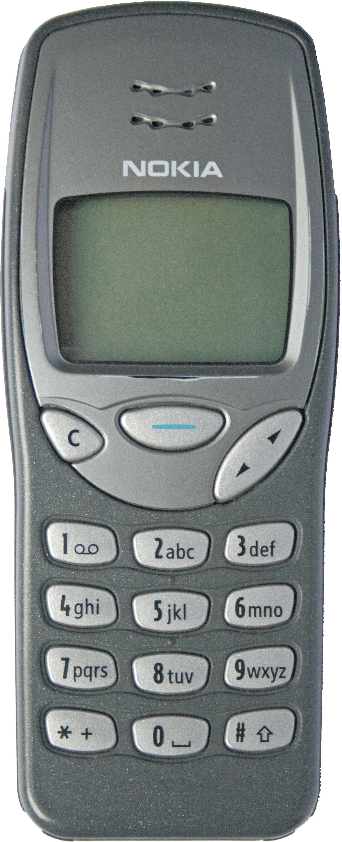 Celular Nokia 3210 cinza, de frente, com tela monocromática verde, teclado numérico e botões de navegação
