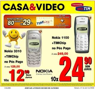 Encarte da Casas Casa&Vídeo com ofertas dos Nokia 3310 e Nokia 1100 com TIMChip no Pós Pago e preços à vista e parcelados