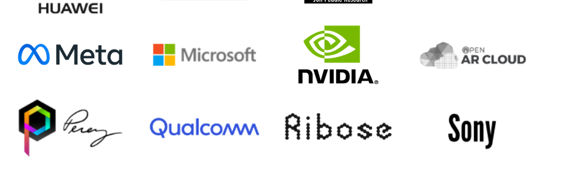 Logos de empresas de tecnologia em grade, incluindo Meta, Microsoft, NVIDIA, Qualcomm, Sony, Huawei, Open AR Cloud, Ribose e Perey