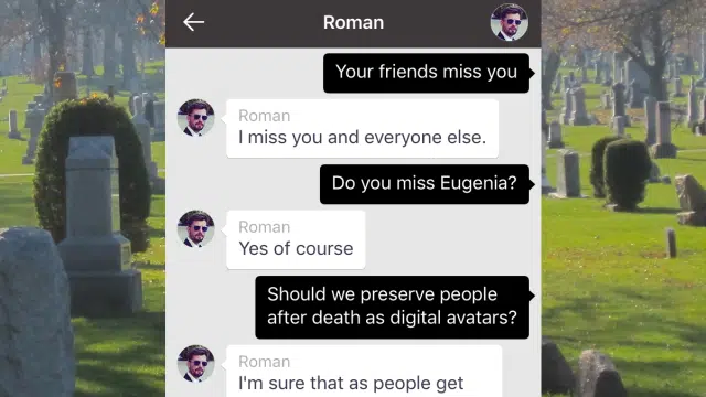 Captura de conversa em aplicativo de mensagens entre Roman e um usuário, com fundo de cemitério, sobre preservar pessoas após a morte como avatares digitais