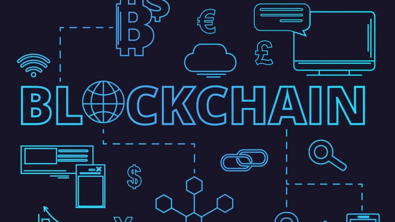 Ilustração em linhas azuis neon sobre fundo escuro com a palavra BLOCKCHAIN e ícones de bitcoin, moedas, nuvem, rede e elos de corrente