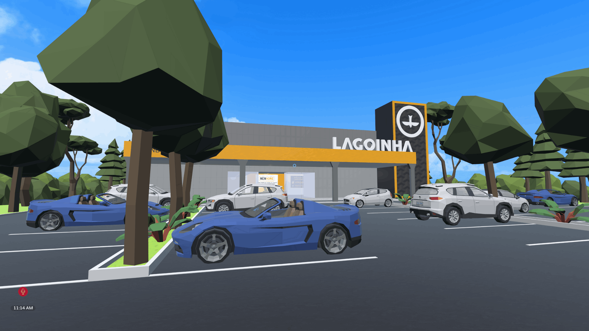 Cenário 3D de estacionamento com carros esportivos azuis e brancos em frente a prédio com letreiro "LAGOINHA", típico de ambiente de metaverso