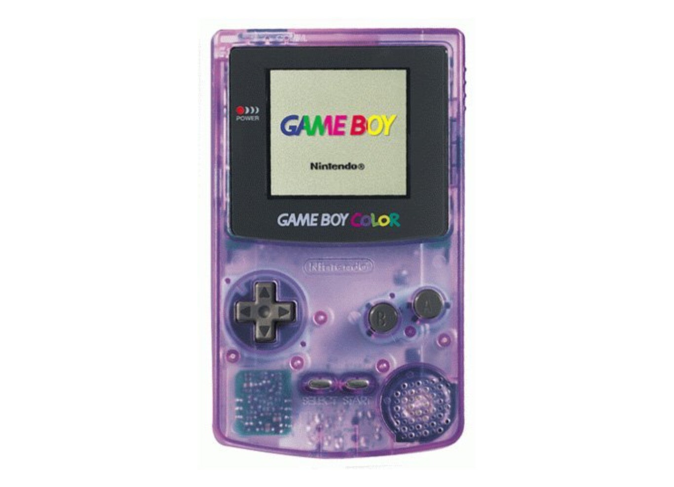 Game Boy Color da Nintendo na cor roxa translúcida, com a tela exibindo o logo colorido "Game Boy" sobre fundo cinza-esverdeado
