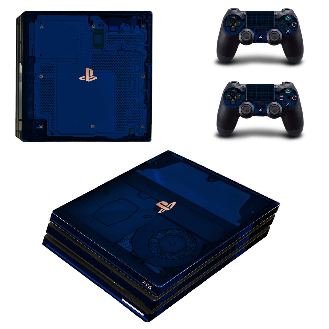 Console PlayStation 4 Pro com skin azul metálico com detalhes do logo PlayStation, acompanhado de dois controles DualShock 4 com adesivos combinando