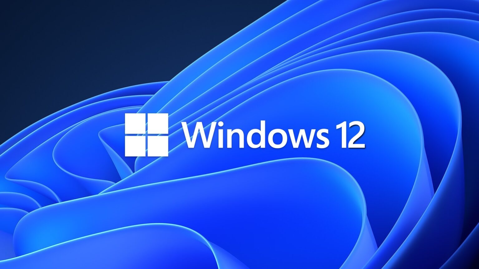 Logotipo do Windows 12 em branco sobre fundo com ondas azuis em degradê, estilo do papel de parede do Windows 11
