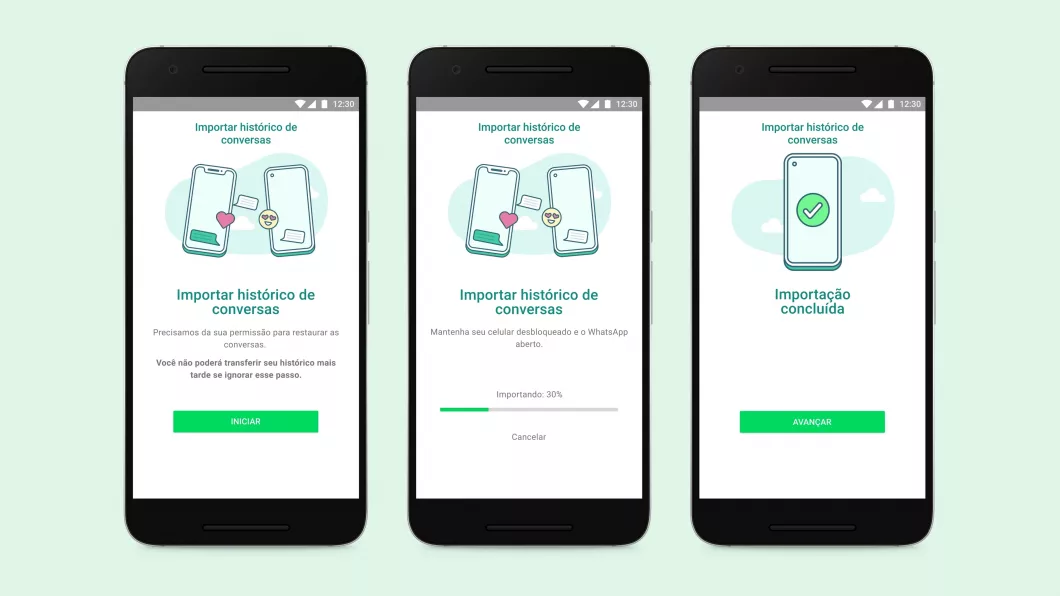 Três telas de celular Android mostrando o assistente do WhatsApp para importar histórico de conversas, com progresso de 30% e a mensagem de importação concluída