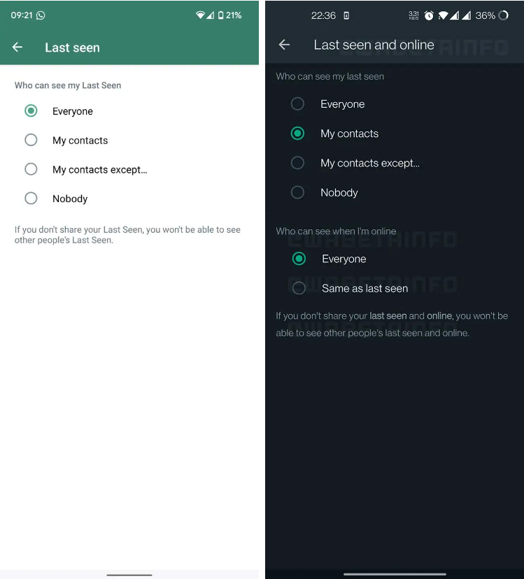Duas capturas de tela do WhatsApp mostrando as configurações de visto por último: à esquerda, opções para quem vê o último acesso (todos, meus contatos ou ning…