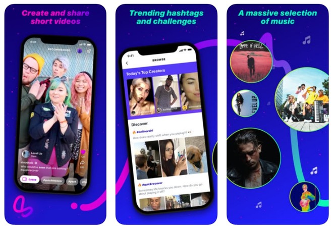 Três telas de celular do app Lasso com textos: "Create and share short videos", "Trending hashtags and challenges" e "A massive selection of music", mostrando…