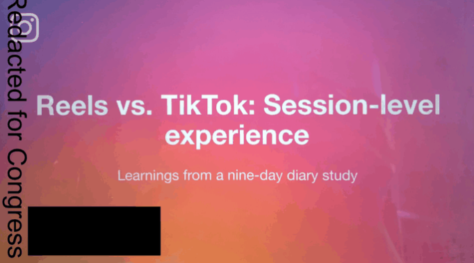 Slide de apresentação com fundo degradê rosa e laranja, título "Reels vs. TikTok: Session-level experience" e subtítulo "Learnings from a nine-day diary study"…