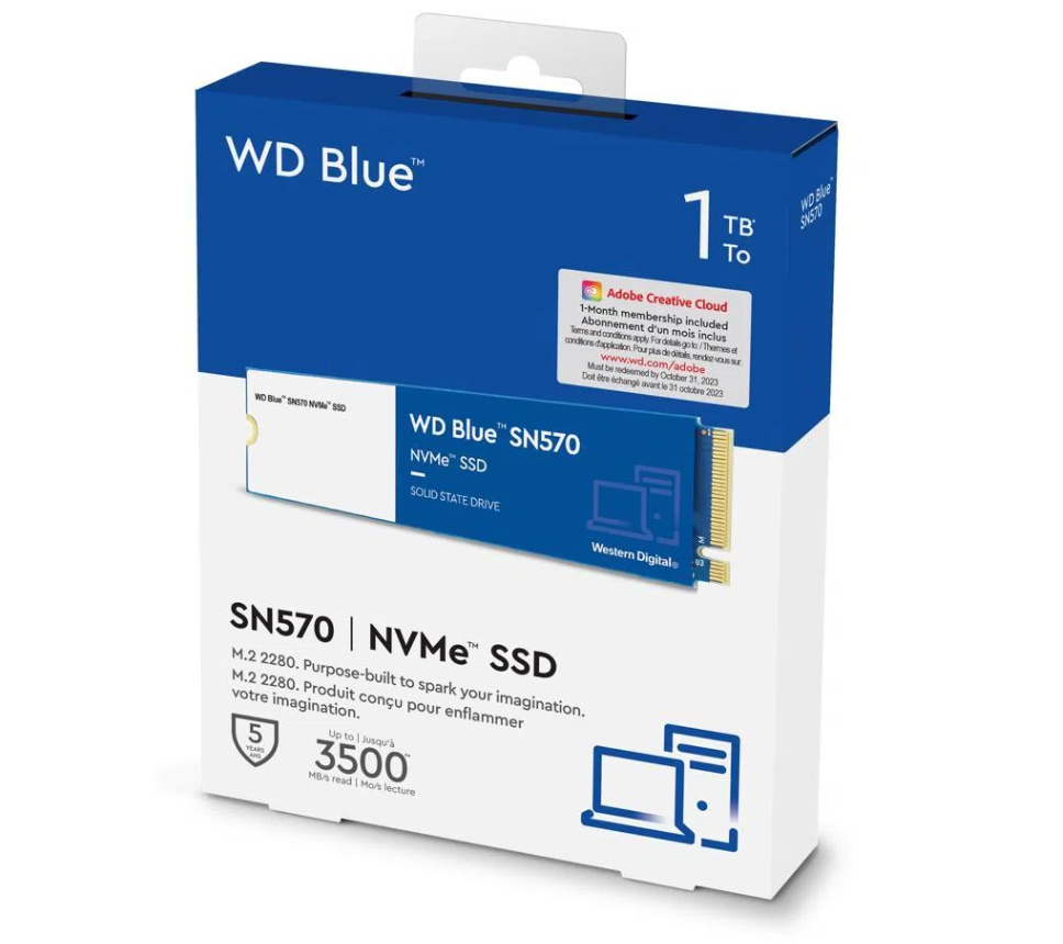 Embalagem do SSD NVMe WD Blue SN570 de 1 TB, com o modelo M.2 2280 e a indicação de leitura de até 3500 MB/s