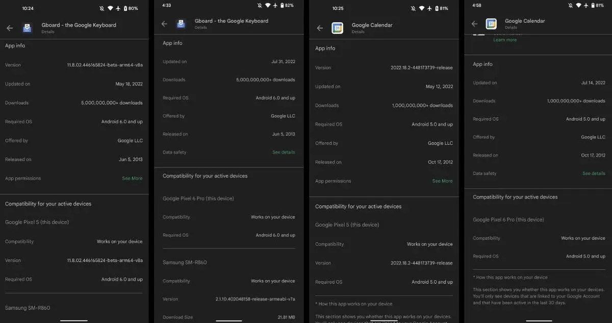 Quatro capturas de tela da Google Play Store mostrando páginas de informações de apps Gboard e Google Agenda, com versões, downloads e requisitos de sistema