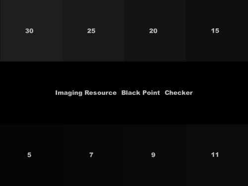 Captura de teste de ponto preto com tons de cinza escuro numerados de 5 a 30 e o texto "Imaging Resource Black Point Checker" ao centro