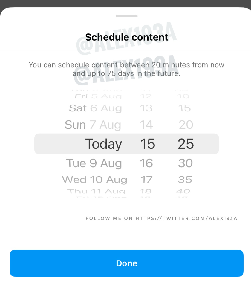 Captura de tela do Instagram mostrando a opção "Schedule content" com seletor de data e hora para agendar posts entre 20 minutos e 75 dias no futuro
