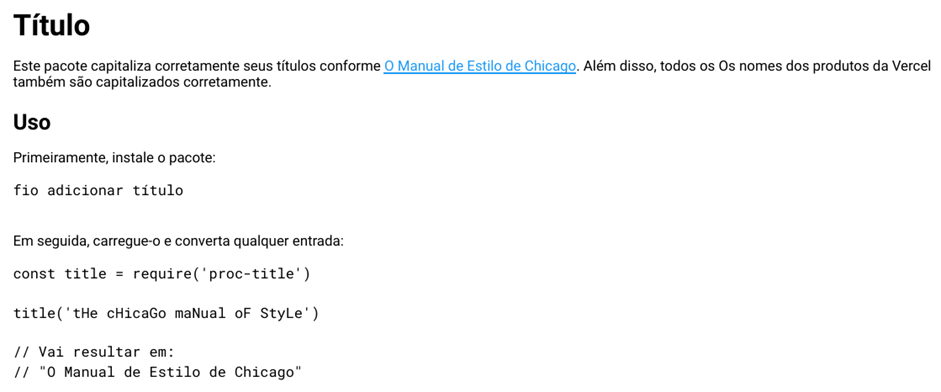 Captura de tela de documentação mostrando o título "Título", o uso do pacote proc-title com comandos de instalação e um exemplo de código convertendo "tHe cHic…