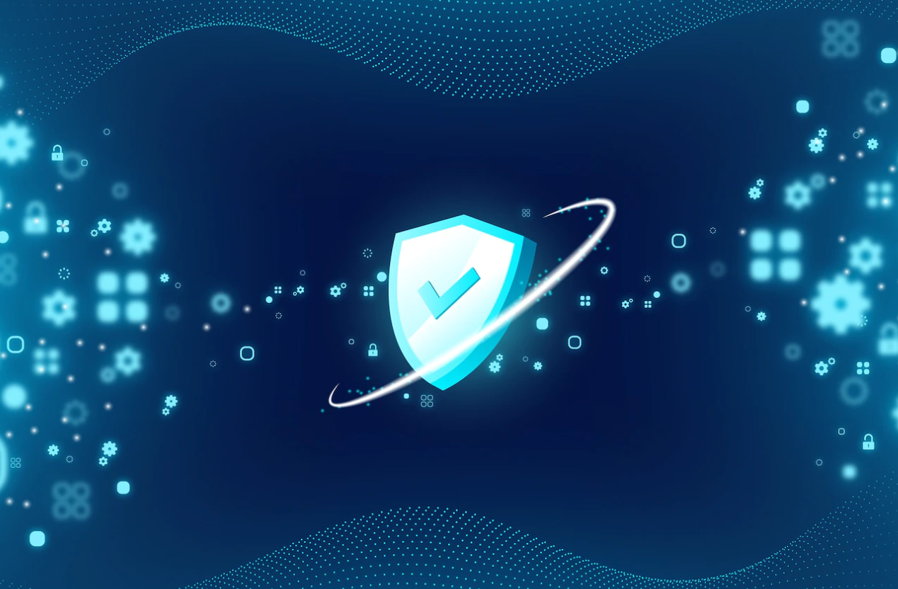 Ilustração de escudo azul com marca de verificação e um anel orbitando, sobre fundo escuro com ícones de cadeado e engrenagens brilhantes