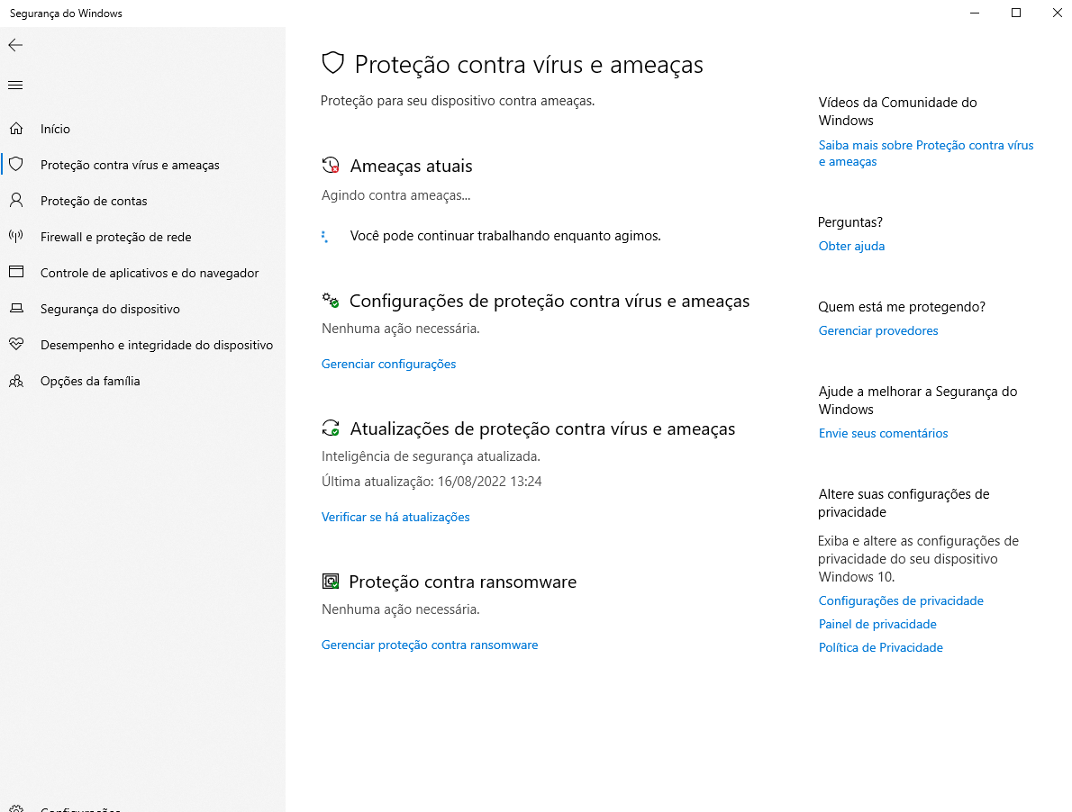 Captura de tela da Proteção contra vírus e ameaças do Windows 10, mostrando o status "Agindo contra ameaças" e configurações sem ação necessária