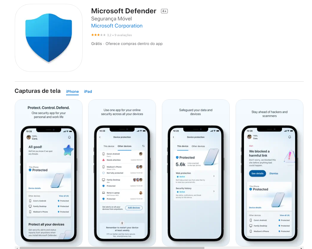 Captura da App Store com ícone e telas do Microsoft Defender para iPhone mostrando dispositivos protegidos e alertas de link bloqueado