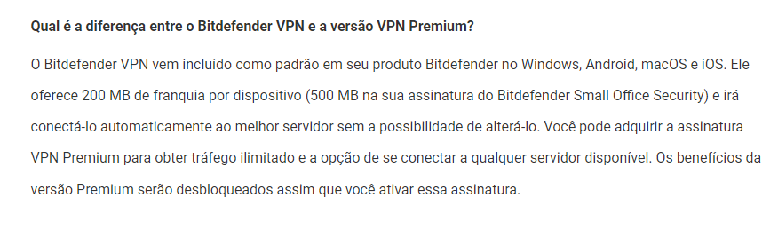 Captura de tela de página de suporte explicando a diferença entre Bitdefender VPN gratuita (200 MB por dispositivo) e a VPN Premium com tráfego ilimitado Obser…