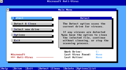 Captura de tela do Microsoft Anti-Virus em modo texto, com menu principal e opções Detect, Detect & Clean e Options