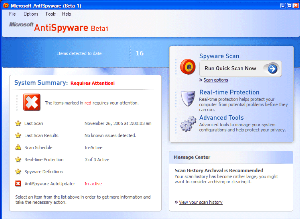 Captura de tela do Microsoft AntiSpyware Beta 1 mostrando o painel principal com alerta de status crítico e botões de verificação de spyware