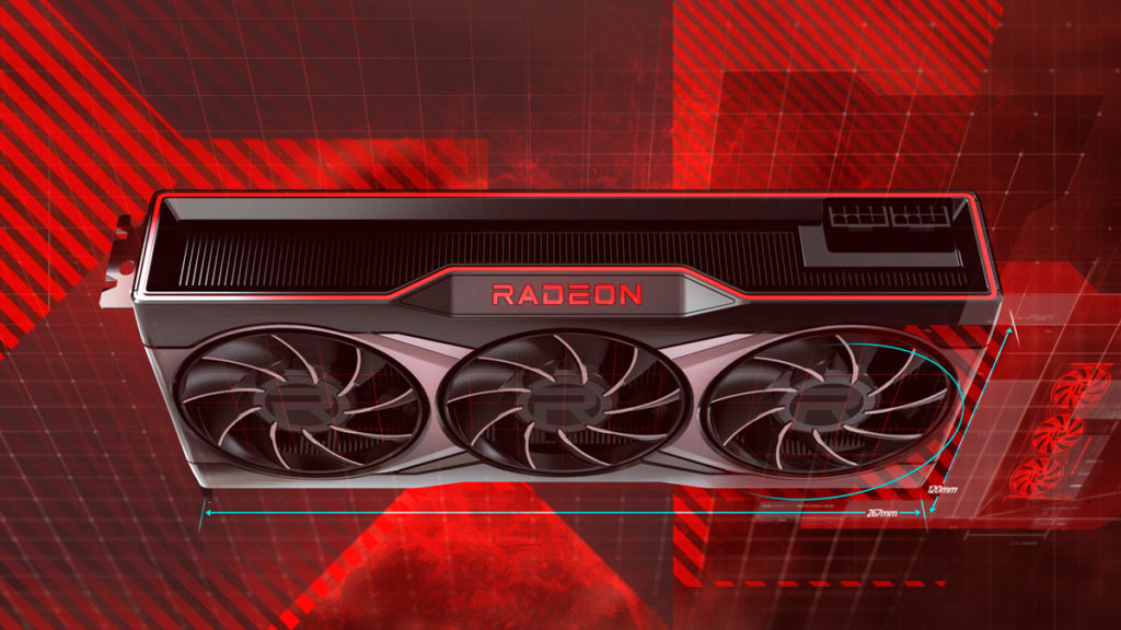 Placa de vídeo AMD Radeon com três ventoinhas e iluminação vermelha, sobre fundo vermelho com linhas gráficas e medidas de comprimento
