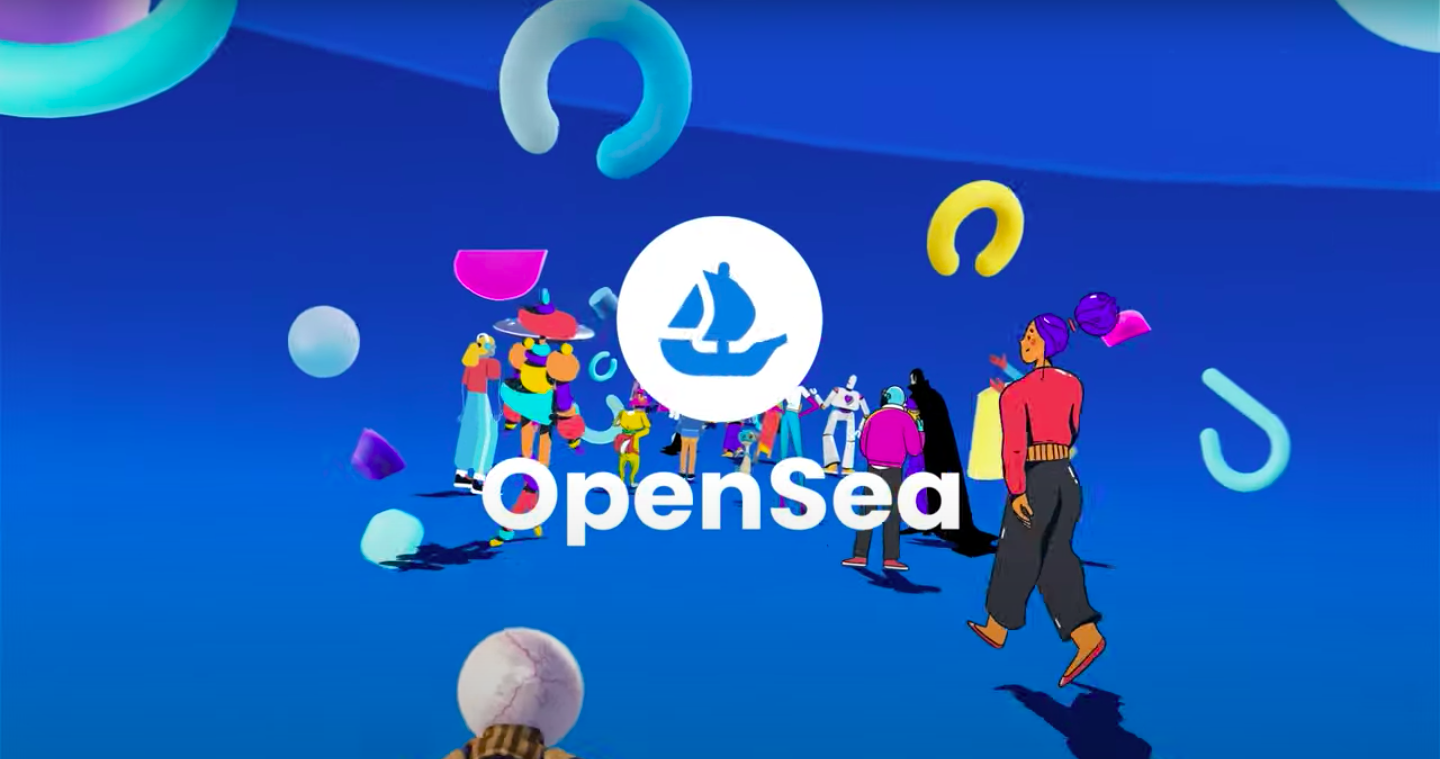 Logotipo da OpenSea, com o símbolo de barco branco sobre fundo azul, cercado por personagens ilustrados coloridos e formas geométricas flutuantes