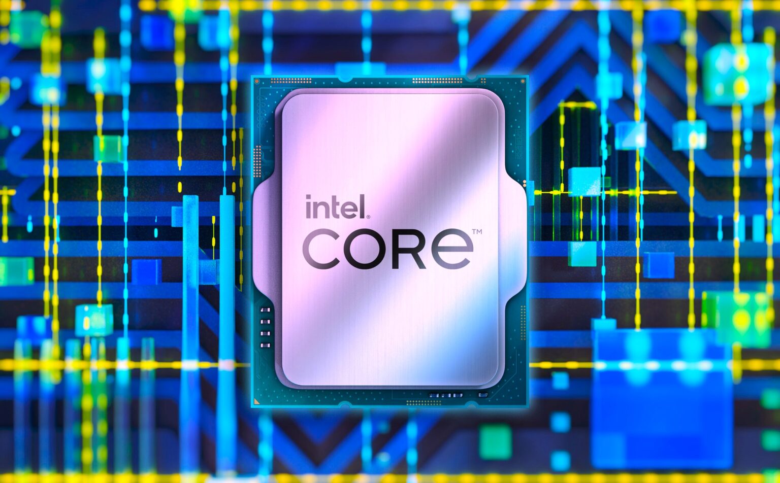 Processador Intel Core com logotipo visível sobre um fundo azul e amarelo de circuitos eletrônicos estilizados
