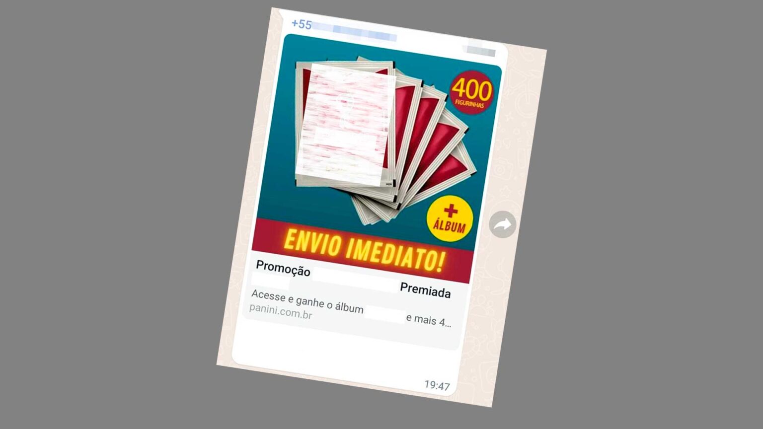 Print de mensagem falsa no WhatsApp com promoção de álbum da Panini: "Envio imediato!", "400 figurinhas + álbum", link panini.com.br