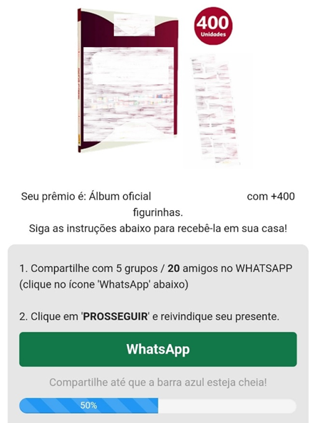 Captura de página falsa de promoção oferecendo álbum de figurinhas com 400 unidades em troca de compartilhar no WhatsApp, com barra de progresso em 50%