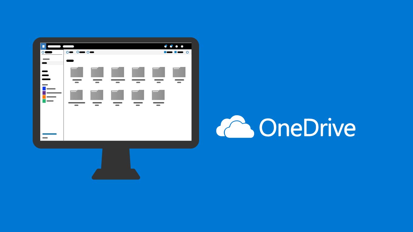 Ilustração de um monitor exibindo pastas em uma interface de armazenamento, ao lado do logotipo do OneDrive sobre fundo azul