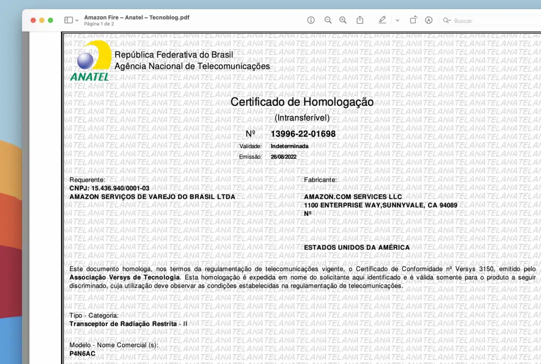 Certificado de homologação da Anatel para tablet Amazon Fire, modelo P4N6AC, exibido em visualizador de PDF