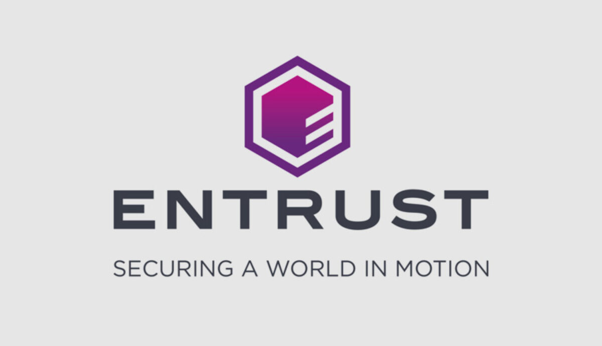 Logotipo da Entrust, marca roxa em formato hexagonal com a letra E, acompanhado do slogan "Securing a world in motion